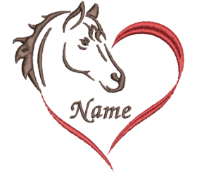 Stickbild von einem Pferdekopf mit Herz und Name für deine eigenen Projekte oder dein Wunschprojekt hier im Shop