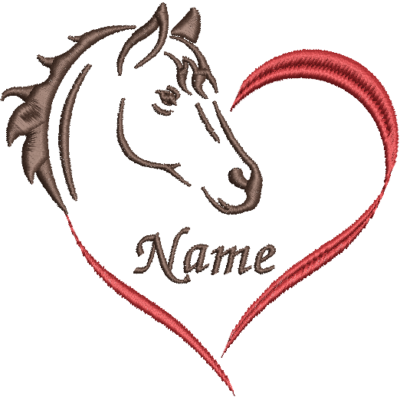 Stickbild von einem Pferdekopf mit Herz und Name für deine eigenen Projekte oder dein Wunschprojekt hier im Shop