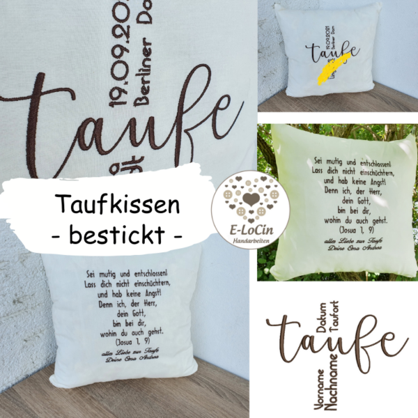 Taufkissen bestickt mit Taufspruch, Taufname und Taufdaten